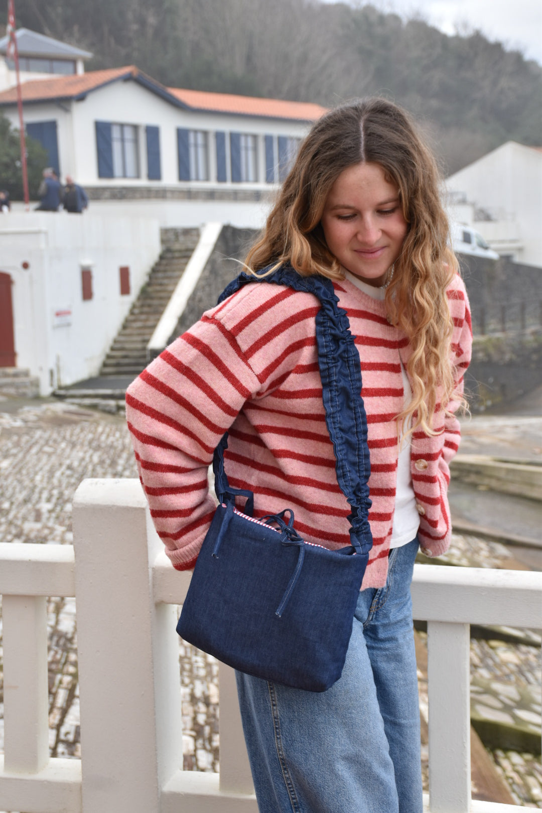 Sac ajustable reversible rayures rouges / denim