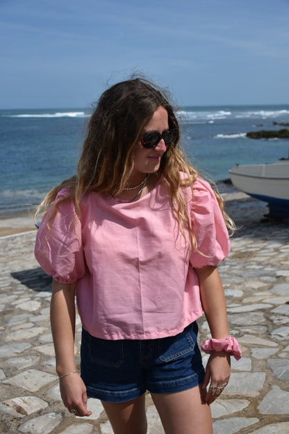 Blouse rose à pois mini