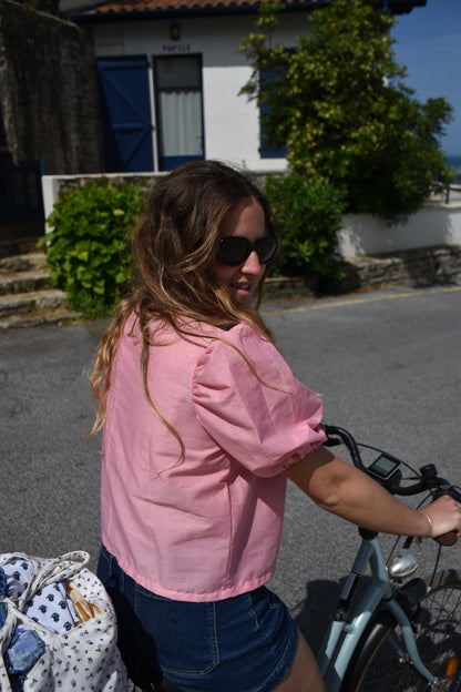 Blouse rose à pois mini