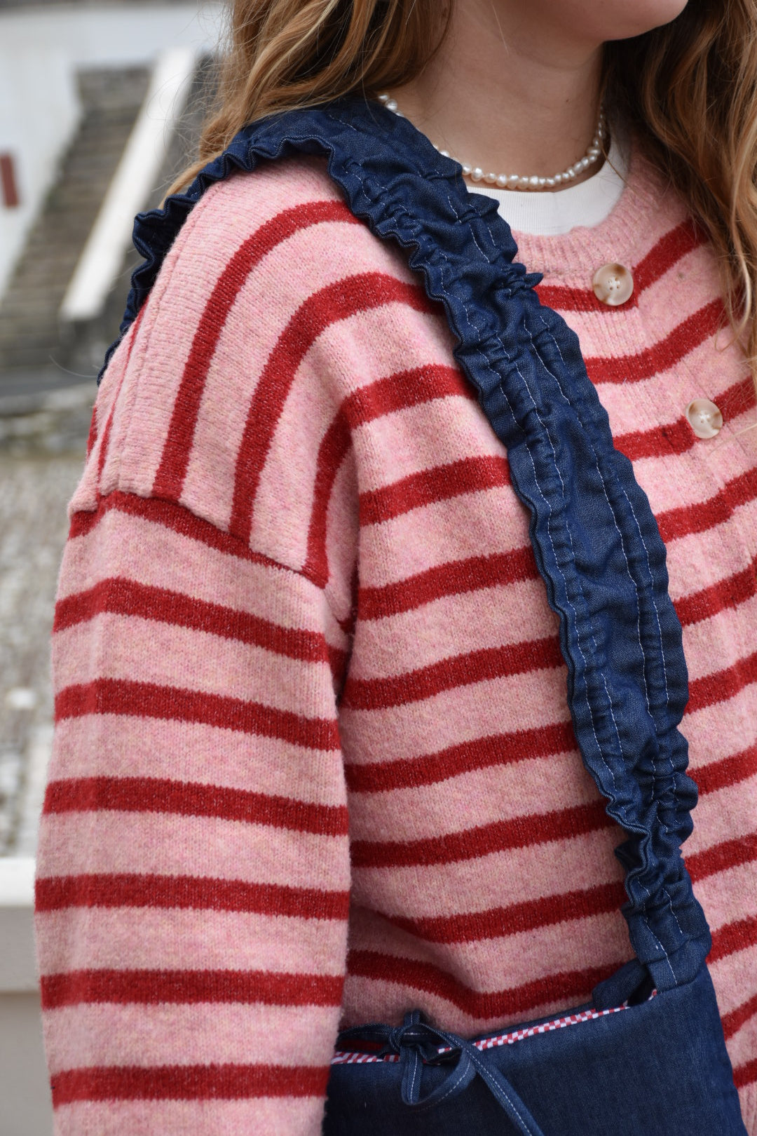 Sac ajustable reversible rayures rouges / denim