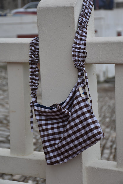 Sac ajustable réversible Vichy marron/ bleu denim - Pièce unique