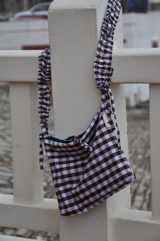 Sac ajustable réversible Vichy marron/ bleu denim - Pièce unique