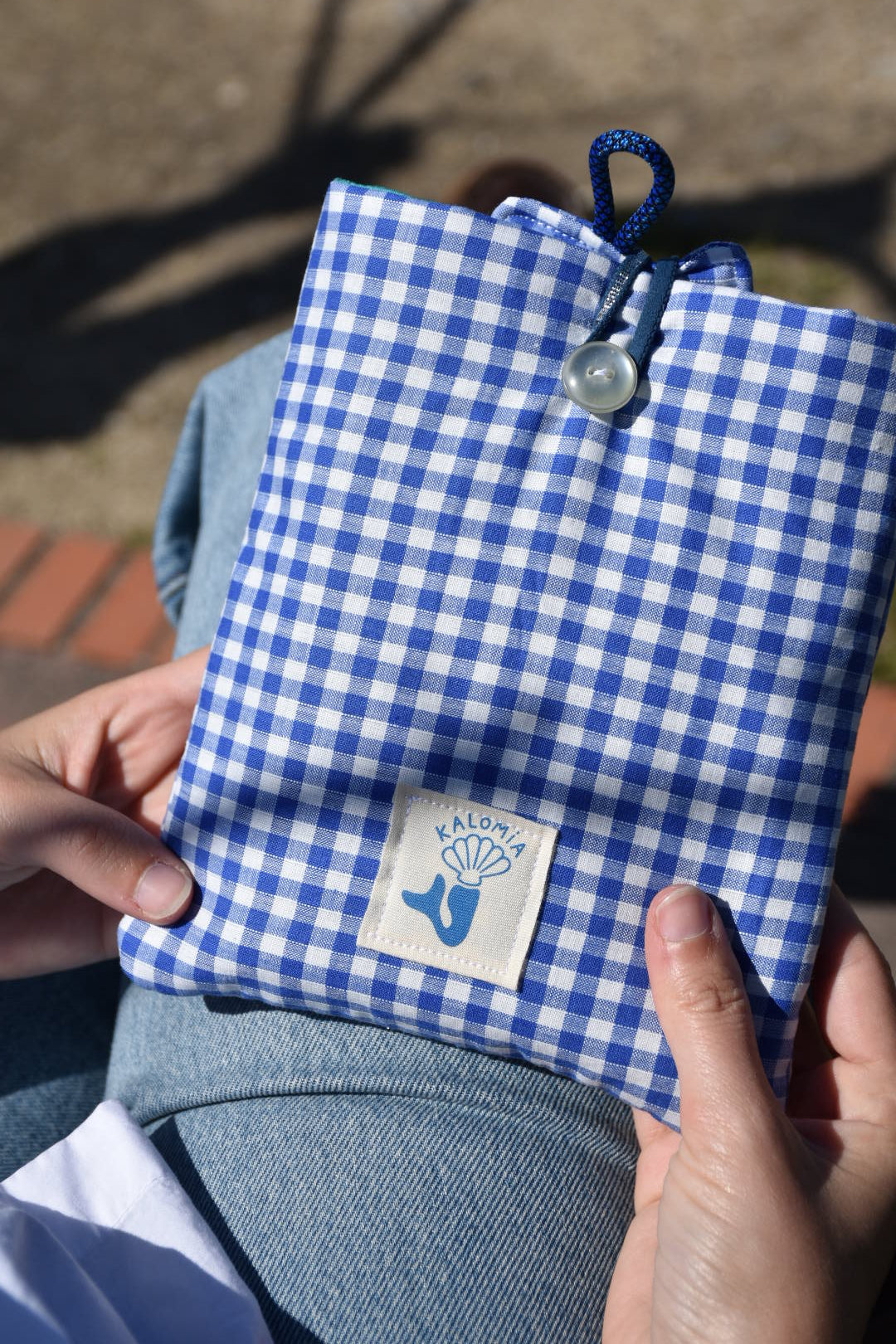 Pochette de livres vichy bleu