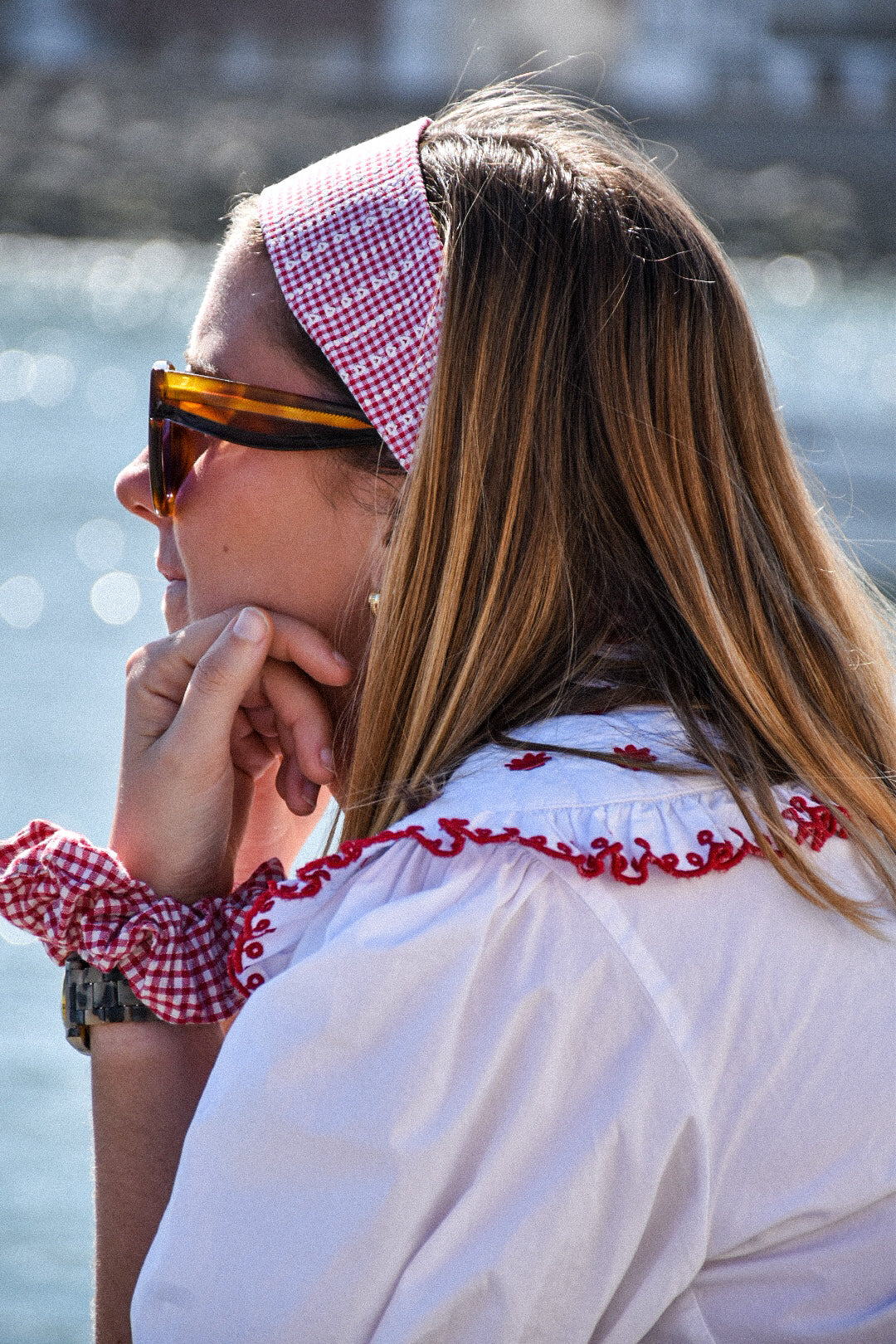 Bandeau Ama - Vichy rouge broderie coeur