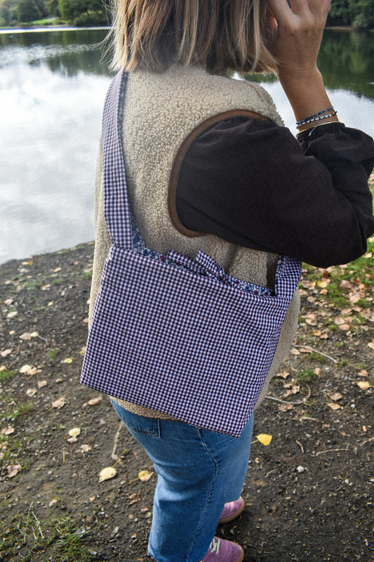 Le sac Perlette Réversibles Fleurs & Vichy Prune