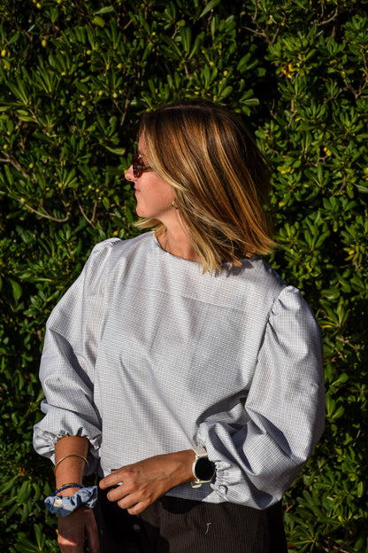 Blouse blanche carreaux beige et bleu - Modèle unique