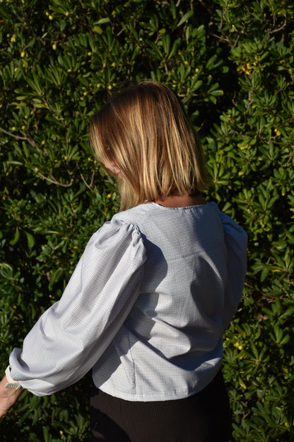 Blouse blanche carreaux beige et bleu - Modèle unique