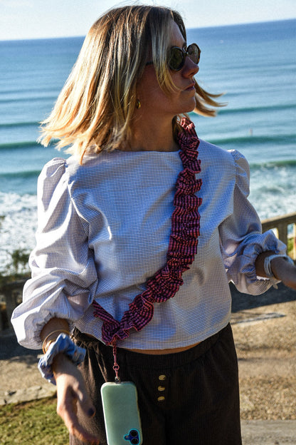 Blouse blanche carreaux beige et bleu - Modèle unique