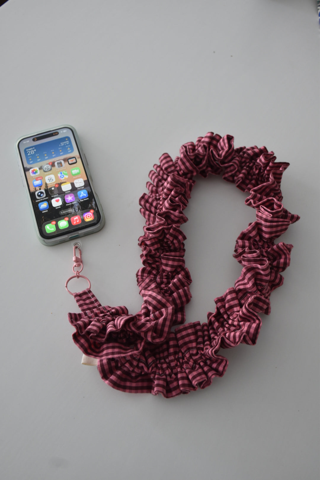 Cordon de téléphone - vichy chocolat et rose