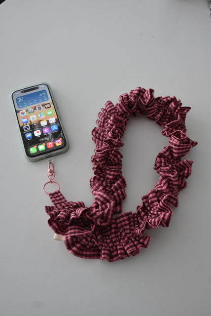 Cordon de téléphone - vichy chocolat et rose