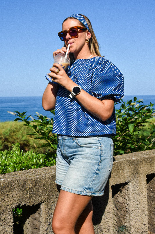 Blouse bleu marine à pois - modèle unique