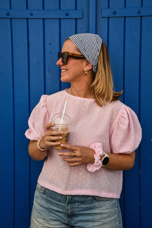 Blouse rose poudre plumettis