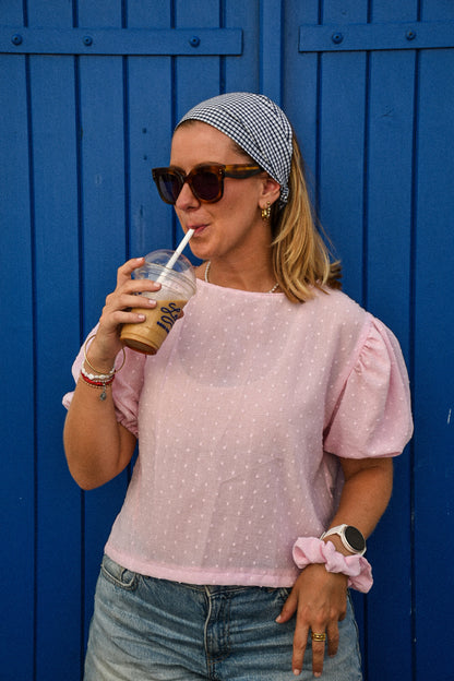 Blouse rose poudre plumettis